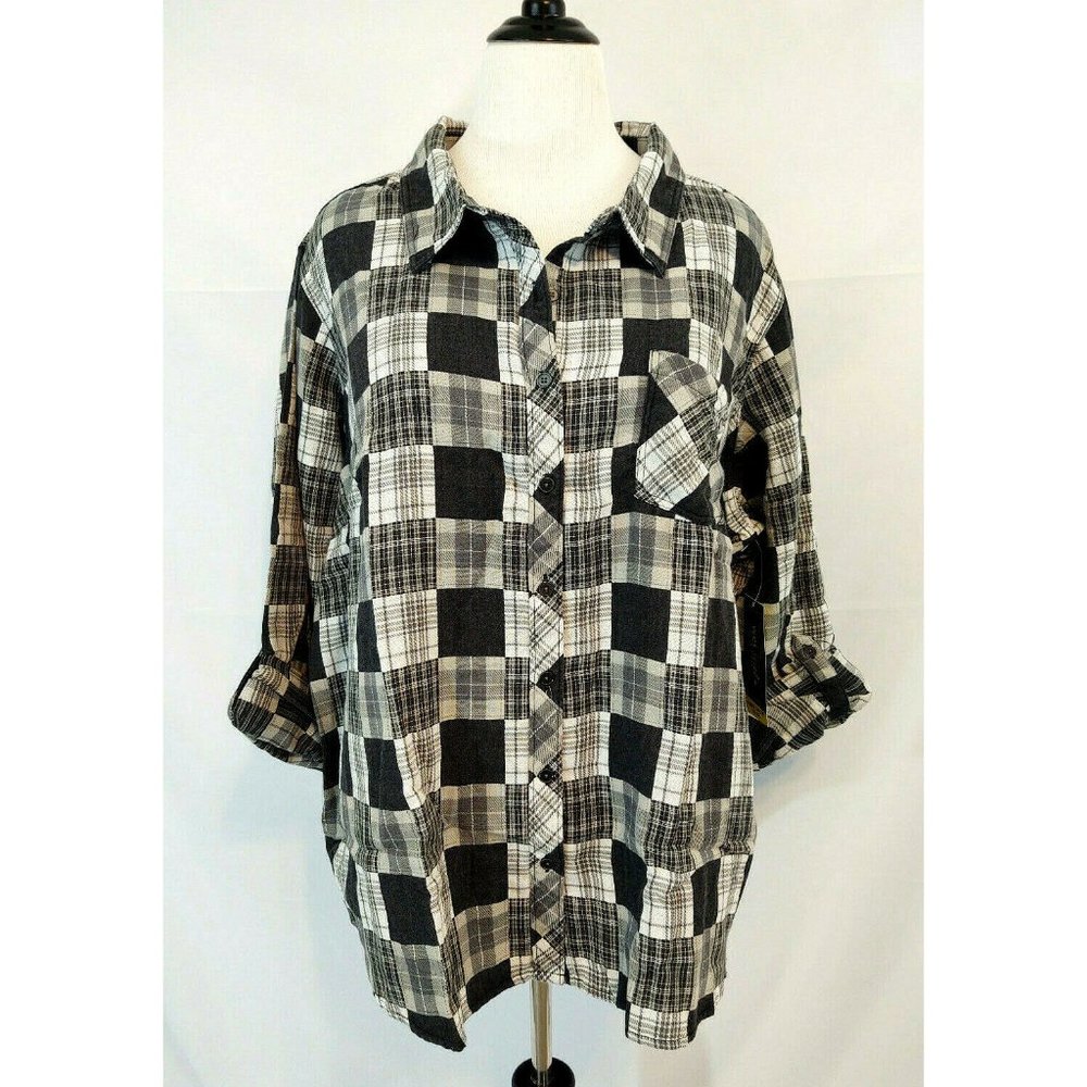 Womens Plus 3X Plaid Boyfriend Button Up Shirt